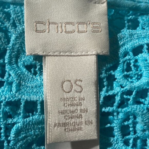 Chico's SZ OS Aqua blue cotton crochet lace poncho Boho Chic Beach Cottage 70's - Picture 9 of 11